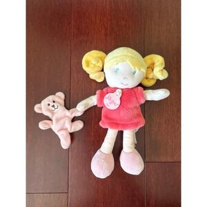 Jolijou Paris Plush Rag Doll Blonde Pigtails Pink Dress with Teddy Bear 8 inch